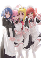 Rule 34 | 4girls, absurdres, ahoge, alternate costume, apron, arm up, black dress, blonde hair, blue eyes, blue hair, blush stickers, bocchi the rock!, bow, bowtie, breasts, closed mouth, commentary, cowboy shot, dress, enmaided, flat chest, gotoh hitori, green eyes, hair between eyes, hair intakes, hands up, heart, heart hands, heart hands duo, highres, ijichi nijika, jliaan, juliet sleeves, kita ikuyo, large breasts, long dress, long hair, long sleeves, looking at viewer, maid, maid apron, maid headdress, medium dress, mole, mole under eye, multiple girls, one eye closed, one side up, open mouth, pantyhose, pink hair, puffy sleeves, red bow, red bowtie, red eyes, red hair, revision, shaded face, short dress, short hair, short sleeves, simple background, sleeves past elbows, small breasts, smile, standing, standing on one leg, thighhighs, thighs, v, white apron, white background, white pantyhose, white thighhighs, yamada ryo, yellow eyes