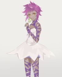 Rule 34 | 13isaco, 1girl, bad id, bad pixiv id, breasts, candy, cleavage, collarbone, d.gray-man, dark-skinned female, dark skin, dress shirt, food, grey background, highres, holding, holding candy, holding food, holding lollipop, lollipop, looking at viewer, purple hair, purple ribbon, purple thighhighs, ribbon, road kamelot, shirt, short hair, simple background, sleeveless, sleeveless shirt, small breasts, solo, standing, thighhighs, tongue, tongue out, torn clothes, torn thighhighs, white shirt, yellow eyes