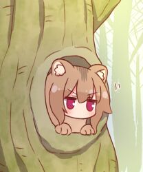 Rule 34 | 1girl, animal ear fluff, animal ears, animalization, bare tree, blush, brown hair, commentary request, forest, hair between eyes, highres, in tree, kemomimi-chan (naga u), looking at viewer, medium hair, naga u, nature, no mouth, no nose, original, purple eyes, red eyes, solo, squirrel ears, squirrel girl, tree, v-shaped eyebrows