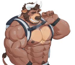 Rule 34 | 1boy, abs, animal ears, backpack, bag, bara, bare pectorals, beard, breath, brown fur, brown hair, chest harness, clothes pull, commission, cow boy, cow ears, cow horns, cow tail, closed eyes, facial hair, grin, harness, heart, heart print, highres, horns, imatoart, large pectorals, male focus, mature male, minotaur, muscular, muscular male, navel, navel hair, nipples, original, pants, pants pull, pectorals, pulling own clothes, short hair, smile, solo, stomach, sweat, tail, tail raised, upper body