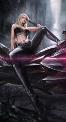 Rule 34 | absurdres, belt, blonde hair, boots, breasts, cloud.d, devil may cry (series), devil may cry 5, high heel boots, high heels, highres, knee boots, laces, leather, leather pants, long hair, midriff, motor vehicle, motorcycle, pants, sitting, trish (devil may cry)