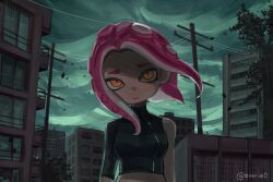 Rule 34 | 1girl, breasts, building, commentary, cropped shirt, dark-skinned female, dark skin, green sky, highres, medium breasts, nintendo, octoling, octoling girl, octoling player character, orange eyes, shaded face, single sleeve, solo, splatoon (series), suction cups, tentacle hair, turtleneck, twitter username, upper body, utility pole, yami (eunriie)