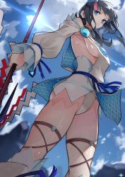 Rule 34 | 1girl, absurdres, bare shoulders, black hair, blue eyes, blue ribbon, blue sky, breasts, closed mouth, detached leggings, dress, fate/grand order, fate/requiem, fate (series), fundoshi, highres, japanese clothes, jewelry, long sleeves, looking at viewer, magatama, magatama hair ornament, medium breasts, medium hair, multicolored hair, necklace, pelvic curtain, pink hair, polearm, puffy long sleeves, puffy sleeves, revision, ribbon, seigaiha, short dress, sideboob, sideless outfit, sky, smile, sparkle, spear, streaked hair, thighs, utsumi erice, weapon, white dress, white legwear, yoshio (55level)