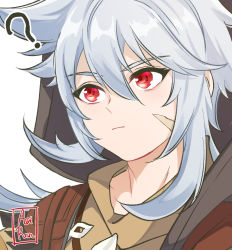 Rule 34 | 1boy, ?, aoirnn, closed mouth, facial scar, genshin impact, grey hair, hair between eyes, highres, hood, hood up, jewelry, long hair, male focus, necklace, portrait, razor (genshin impact), red eyes, scar, scar on cheek, scar on face, signature, solo, upper body