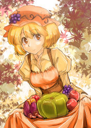Rule 34 | 1girl, :&gt;, aki minoriko, apple, apron, autumn leaves, bell pepper, blonde hair, breasts, brown eyes, choker, clothes lift, dress, dress lift, floral background, food, fruit, grapes, hat, hat ornament, holding, holding food, holding fruit, long sleeves, mushroom, numany, orange dress, pepper, puffy long sleeves, puffy sleeves, pumpkin, ribbon choker, short hair, smile, solo, sweet potato, touhou, vegetable