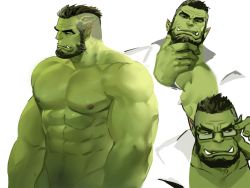 Rule 34 | 1boy, abs, bara, beard, black-framed eyewear, collage, colored skin, completely nude, dopey (dopq), facial hair, fangs, forked eyebrows, from side, glasses, green skin, hand on own chin, large pectorals, male focus, mature male, monster boy, multiple views, muscular, muscular male, mustache, navel, navel hair, nipples, nude, orc, original, out-of-frame censoring, pectorals, pointy ears, short hair, stomach, stroking beard, thick eyebrows, undercut, wrinkled skin