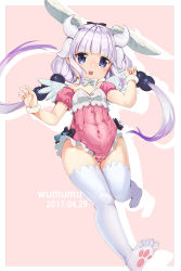 Rule 34 | 10s, 1girl, adapted costume, alternate costume, animal ears, beads, black bow, blue eyes, blunt bangs, blush, bow, bowtie, covered navel, detached collar, detached sleeves, fake animal ears, feathered wings, feet, hair beads, hair ornament, highres, horns, kanna kamui, kemonomimi mode, kobayashi-san chi no maidragon, leotard, light purple hair, long hair, looking at viewer, low twintails, no shoes, open mouth, playboy bunny, rabbit ears, solo, thighhighs, twintails, white thighhighs, white wings, wings, wumumu