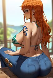 Rule 34 | 1girl, alternate body size, alternate breast size, arm tattoo, ass, back, back focus, balcony, bare shoulders, bench, bikini, bikini top only, blue tattoo, blurry, blurry background, blush, breasts, brown eyes, day, denim, depth of field, from behind, from side, highres, huge ass, island, large breasts, light smile, long hair, looking at viewer, looking back, nami (one piece), one piece, orange hair, outdoors, pants, profile, sideboob, sidelocks, simple background, smile, solo, solo focus, swimsuit, tattoo, underboob, water, wide hips
