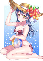 Rule 34 | 1girl, adjusting clothes, adjusting headwear, bad id, bad pixiv id, ball, barefoot, beachball, bikini, blue background, blue hair, blush, bow, breasts, cleavage, flower, from side, front-tie top, halterneck, hat, hat flower, hat ribbon, highres, kaisou (0731waka), long hair, looking at viewer, love live!, love live! school idol festival, love live! school idol project, medium breasts, navel, orange flower, outside border, pink flower, red bikini, red flower, ribbon, sitting, solo, sonoda umi, straw hat, swimsuit, white bow, white ribbon, yellow eyes