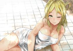 Rule 34 | 1girl, bare shoulders, bathroom, blonde hair, blush, braid, breasts, cleavage, commentary request, crown braid, hair ornament, hair rings, highres, indoors, large breasts, legs together, lips, long hair, looking at viewer, love live!, love live! sunshine!!, lying, naked towel, napo8593, ohara mari, on floor, on side, one eye closed, parted lips, shiny skin, smile, solo, steam, tile floor, tiles, towel, wet, white towel, yellow eyes