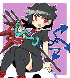 Rule 34 | 1girl, :d, asymmetrical wings, black dress, black hair, blue wings, bow, bowtie, center frills, dress, fang, frills, houjuu nue, ini (inunabe00), looking at viewer, open mouth, outside border, polearm, purple background, red bow, red bowtie, red eyes, red wings, short hair, short sleeves, simple background, sitting, skin fang, smile, snake armband, solo, thighhighs, touhou, trident, weapon, wings, wristband
