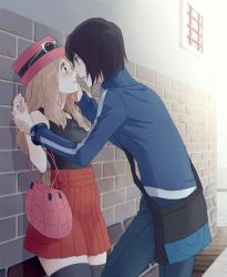 Rule 34 | 1boy, 1girl, against wall, bad id, bad twitter id, bag, blue jacket, blush, calem (pokemon), collared shirt, creatures (company), eye contact, eyewear on headwear, game freak, hand on another&#039;s cheek, hand on another&#039;s face, hetero, imminent kiss, jacket, looking at another, nintendo, pleated skirt, pokemon, pokemon xy, red skirt, serena (pokemon), shirt, skirt, sleeveless, sleeveless shirt, sunglasses, thighhighs, yairo (sik s4)