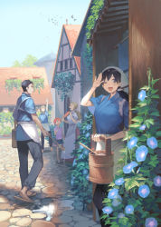 Rule 34 | 2boys, 3girls, ;d, apron, arm up, bird, black hair, blonde hair, bucket, bucket of water, building, child, cobblestone, day, flip-flops, flower, hand fan, head scarf, holding, holding fan, isekai izakaya &quot;nobu&quot;, japanese clothes, ladle, looking at another, looking at viewer, mocco, morning glory, multiple boys, multiple girls, no socks, one eye closed, open mouth, outdoors, paper fan, plant, ponytail, puddle, red hair, road, sandals, senke shinobu, shading eyes, short sleeves, sky, slippers, smile, town, uchiwa, waist apron, water, waving, yazawa nobuyuki