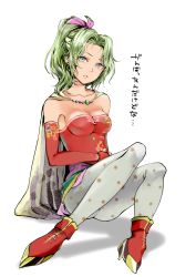 Rule 34 | 1990s (style), 1girl, atoshi, bad id, bad pixiv id, bow, breasts, cape, cleavage, dissidia final fantasy, final fantasy, final fantasy vi, green hair, hair bow, highres, jewelry, looking at viewer, pantyhose, print pantyhose, retro artstyle, simple background, sitting, solo, strapless, tina branford, tube top, white background