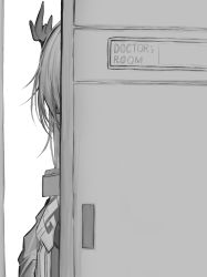 Rule 34 | 1girl, absurdres, arknights, dragon horns, english text, greyscale, highres, horns, monochrome, nian (arknights), open door, simple background, solo, tab head, upper body, white background