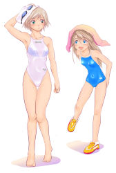 Rule 34 | 2girls, arena (company), bad id, bad pixiv id, blue eyes, blue one-piece swimsuit, brown hair, competition school swimsuit, competition swimsuit, covered navel, covered erect nipples, goggles, green eyes, highleg, highleg swimsuit, long hair, multiple girls, no socks, one-piece swimsuit, original, school swimsuit, shoes, shoko (moccom), short hair, sneakers, swim cap, swimsuit, thigh gap, thighs, towel, towel on head, white one-piece swimsuit