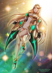 Rule 34 | 1girl, bare legs, bare shoulders, blonde hair, breasts, chest jewel, cleavage, cleavage cutout, clothing cutout, dress, earrings, elbow gloves, gloves, highres, jewelry, large breasts, long hair, moonllita, mythra (xenoblade), short dress, solo, swept bangs, thigh strap, tiara, very long hair, white dress, white footwear, white gloves, xenoblade chronicles (series), xenoblade chronicles 2, yellow eyes