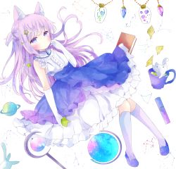 Rule 34 | 1girl, absurdres, animal, animal ear fluff, animal ears, aquarius (constellation), aries (constellation), bad id, bad pixiv id, bare shoulders, blue footwear, blue skirt, blush, bottle, cancer (constellation), capricorn (constellation), cat, closed mouth, commentary, constellation, cup, elbow gloves, frilled skirt, frills, gemini (constellation), gloves, hair ornament, hand up, highres, kneehighs, leo (constellation), libra (constellation), long hair, one side up, orb, original, pink hair, pisces (constellation), planet, purple eyes, sagittarius (constellation), scepter, scorpius (constellation), shirt, shoes, short eyebrows, skirt, sleeveless, sleeveless shirt, socks, solo, star (symbol), star hair ornament, symbol-only commentary, taurus (constellation), tsukiyo (skymint), very long hair, virgo (constellation), white background, white cat, white gloves, white shirt, white socks
