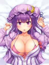 Rule 34 | 1girl, bikini, blush, breasts, cleavage, crescent, dress, front-tie top, hair ornament, hair ribbon, hairclip, hat, hat ornament, highres, large breasts, long hair, looking at viewer, lying, mob cap, on back, open mouth, patchouli knowledge, purple bikini, purple eyes, purple hair, ribbon, solo, striped clothes, striped dress, swimsuit, touhou, unbuttoned, yuki usagi (snowcanvas)