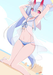Rule 34 | beach, bikini, blue archive, blue bikini, blue hair, chise (blue archive), chise (swimsuit) (blue archive), hair between eyes, highres, horns, kneeling, knees together feet apart, long hair, navel, oni horns, outdoors, red eyes, red horns, rx7649, sand castle, sand sculpture, sandals, striped bikini, striped clothes, swimsuit, trowel, very long hair, white bikini