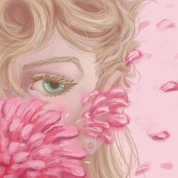 Rule 34 | 1boy, blonde hair, colored eyelashes, flower, giorno giovanna, green eyes, highres, jojo no kimyou na bouken, looking to the side, nuggetcryptid, petals, pink background, pink flower, vento aureo