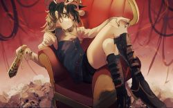 Rule 34 | 1girl, black footwear, black nails, black skirt, boots, chair, closed mouth, commentary, crossed legs, english commentary, epaulettes, full body, gradient background, grey nails, hand on own knee, hat, highres, holding, jewelry, juliet sleeves, long sleeves, looking at viewer, miniskirt, mismatched pupils, nail polish, naufaldreamer, on chair, orb, puffy sleeves, red background, ring, rod of remorse, shiki eiki, shirt, short hair, sitting, skirt, skull, solo, touhou, vest, white shirt, yin yang, yin yang orb