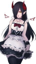 Rule 34 | 1girl, apron, bare shoulders, black choker, black skirt, black thighhighs, breasts, choker, collarbone, frilled apron, frilled choker, frills, hair over one eye, long hair, looking at viewer, original, parted lips, red lips, ribbon-trimmed apron, ribbon-trimmed skirt, ribbon trim, shimmer, shirt, simple background, sketch, skirt, sleeveless, sleeveless shirt, small breasts, solo, thighhighs, very long hair, waist apron, white apron, white background, wrist cuffs, yellow eyes