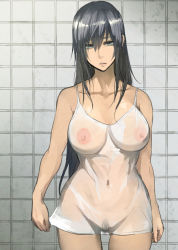 Rule 34 | 1girl, against wall, bare arms, bare shoulders, black hair, breasts, collarbone, covered erect nipples, covered navel, cowboy shot, dress, expressionless, female focus, female pubic hair, grey eyes, hair between eyes, jonasan, large breasts, long hair, looking at viewer, midriff, navel, nipples, original, parted lips, pepe (jonasan), pubic hair, ruuko-san, see-through, solo, standing, stomach, thigh gap, tile wall, tiles, very long hair, wet, wet clothes, wet dress, white dress, wide hips