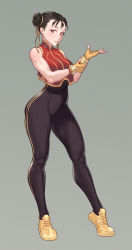 Rule 34 | 1girl, alternate costume, bare shoulders, black hair, brown eyes, capcom, cheshirrr, chun-li, commentary, curvy, english commentary, fingerless gloves, full body, gloves, grey background, hair bun, highres, legs, looking at viewer, parted lips, shoes, short hair, skin tight, sleeveless, sneakers, solo, standing, street fighter, studded bracelet, teeth, wide hips