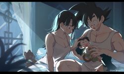 Rule 34 | 1girl, 2boys, absurdres, baby, bed, black hair, breasts, chi-chi (dragon ball), cleavage, commentary request, crying, dragon ball, family, father and son, hand on another&#039;s head, highres, holding baby, husband and wife, medium breasts, mother and son, multiple boys, night, parent and child, roku (roku 0141), son gohan, son goku, spiked hair, tank top, window