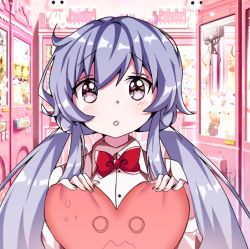 Rule 34 | 1girl, :o, beyblade, beyblade: burst, blush, bow, bowtie, crane game, dress shirt, heart, kymhotii, long hair, looking at viewer, low twintails, nishiro nya, pink eyes, purple hair, red bow, red bowtie, self-upload, shirt, solo, twintails, upper body, white shirt