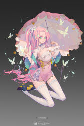 1girl artist_name bow breasts bug butterfly character_name cleavage detached_sleeves dress fluttershy gradient_background green_eyes hair_bow high_heels highres holding holding_umbrella huge_breasts insect long_hair looking_at_viewer my_little_pony my_little_pony:_friendship_is_magic personification pink_hair solo thighhighs umbrella very_long_hair worried xie-cn zettai_ryouiki