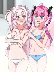 Rule 34 | 2girls, animal ears, belly, bikini, blue bikini, blue eyes, blush, blush stickers, bow, braid, breasts, closed mouth, commission, dog ears, dog tail, fairy wings, gram pico, grey hair, hair bow, hair ornament, hair ribbon, hairclip, highres, indoors, knee up, knees up, kokoromo memory, long hair, looking at another, multiple girls, navel, nepiris, open mouth, paw print, phase connect, phase connect jp, pink eyes, pink hair, pointy ears, ribbon, showering, small breasts, smile, swimsuit, tail, thighs, twin braids, twintails, virtual youtuber, water, white bikini, window, wings