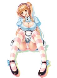 Rule 34 | 1girl, bad id, bad pixiv id, blonde hair, breasts, brown eyes, cameltoe, cleavage cutout, cleft of venus, clothing cutout, earrings, heart, heart cutout, highres, jewelry, large breasts, legs, long hair, maid headdress, momoi komomo, open mouth, original, panties, pantyshot, pink panties, pink thighhighs, shoes, skirt, smile, solo, source request, striped clothes, striped thighhighs, thighhighs, twintails, underwear, upskirt, white thighhighs