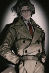 Rule 34 | 1boy, a yue huaite, ace attorney, alternate costume, buttons, coat, collared shirt, dark, glasses, grey eyes, grey hair, hands in pockets, highres, long sleeves, looking to the side, male focus, miles edgeworth, necktie, parted bangs, parted lips, red necktie, shadow, shirt, short hair, simple background, solo, white shirt, yellow coat
