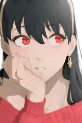 Rule 34 | 1girl, absurdres, black hair, close-up, earrings, gold earrings, gold hairband, hairband, hand on own cheek, hand on own face, hand up, head rest, highres, jewelry, light blush, long hair, looking away, niri (eunhaha02), parted lips, red eyes, red sweater, solo, spy x family, sweater, teeth, upper body, yor briar