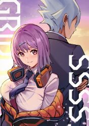 1boy 1girl absurdres anti_(ssss.gridman) blue_eyes breasts grey_hair gridman_universe gridman_universe_(film) headphones highres jacket large_breasts long_sleeves looking_at_viewer necktie off_shoulder official_alternate_costume one_eye_closed open_mouth pantyhose purple_jacket red_eyes sakamoto_(ojiojiojisanda) shinjou_akane shirt short_hair skirt smile ssss.gridman thighhighs upper_body white_shirt