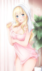Rule 34 | 10s, 1girl, :d, atago (kancolle), blonde hair, blue eyes, bottle, breast hold, breasts, cleavage, cowboy shot, curtains, drink, female focus, groin, highres, holding, indoors, kantai collection, large breasts, long hair, looking at viewer, milk bottle, naked towel, nanairo fuuka, open mouth, plant, potted plant, smile, solo, towel, towel on head, wet