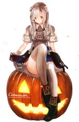 Rule 34 | 1girl, armor, bad id, bad pixiv id, bibico, black footwear, boots, breastplate, brown eyes, cannoneer (tree of savior), character name, closed mouth, full body, head tilt, jack-o&#039;-lantern, long hair, looking at viewer, shirt, short sleeves, silver hair, sitting, skirt, skirt hold, smile, solo, sparkle, thighhighs, transparent background, tree of savior, white shirt, white thighhighs