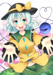 Rule 34 | 1girl, absurdres, blush, bow, green eyes, green hair, hat, hat bow, heart, heart-shaped pupils, heart of string, highres, komeiji koishi, matching hair/eyes, navel, open hand, open mouth, outstretched hand, sisterakuma, solo, symbol-shaped pupils, third eye, touhou