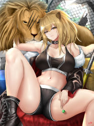 Rule 34 | 1girl, animal ears, arknights, bare shoulders, black choker, breasts, brown eyes, brown hair, choker, cleavage, collarbone, cutoffs, cyicheng, jacket, unworn jacket, large breasts, lion, lion ears, lion girl, lion tail, long hair, looking at viewer, nail polish, navel, short shorts, shorts, siege (arknights), sitting, smile, studded choker, tail, tank top, thighs, war hammer, weapon