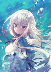 Rule 34 | 1girl, air bubble, blue sailor collar, blush, bow, braid, breasts, bubble, closed mouth, commentary request, green ribbon, hair between eyes, hair ornament, hair ribbon, hairclip, highres, long hair, looking at viewer, looking to the side, medium breasts, ocean, original, pleated skirt, puffy short sleeves, puffy sleeves, red bow, ribbon, sailor collar, shirt, short sleeves, shouna mitsuishi, skirt, smile, solo, underwater, very long hair, water, white hair, white shirt, white skirt