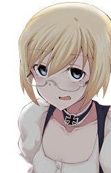 Rule 34 | 1girl, alternate costume, bad id, bad twitter id, blonde hair, blue eyes, choker, collarbone, cross, dirndl, german clothes, glasses, highres, iron cross, looking at viewer, nasubi4499, open mouth, semi-rimless eyewear, short hair, simple background, solo, strike witches, upper body, ursula hartmann, white background, world witches series