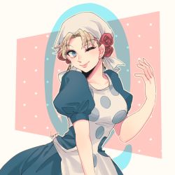 Rule 34 | 1girl, apron, bandana, battle tendency, blonde hair, blue dress, blue eyes, collarbone, commentary request, dress, earrings, flower, hair flower, hair ornament, hand up, highres, jewelry, jojo no kimyou na bouken, kogatarou, looking at viewer, one eye closed, polka dot, puffy short sleeves, puffy sleeves, q (letter), short sleeves, signature, smile, solo, suzi q, upper body