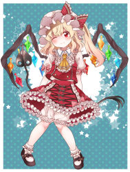 Rule 34 | 1girl, ;), adapted costume, aqua background, blonde hair, bloomers, blush, bow, embellished costume, flandre scarlet, hat, hat bow, mary janes, mob cap, n-mix, one eye closed, pigeon-toed, pinstripe pattern, polka dot, polka dot background, red eyes, sash, shoes, side ponytail, smile, solo, star (symbol), starry background, striped, touhou, underwear, white hat, wings