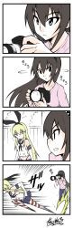 Rule 34 | 2girls, 4koma, :&lt;, :/, aiming, alternate costume, armpits, azumanga daiou, black hair, black panties, blonde hair, brown hair, camera, casual, clenched hand, close-up, comic, contemporary, elbow gloves, expressionless, fleeing, gloves, hair ornament, hairband, highleg, highleg panties, highres, holding, jitome, kantai collection, long hair, motion blur, motion lines, multiple girls, nagato (kancolle), open mouth, panties, parody, running, school uniform, serafuku, shimakaze (kancolle), signature, silent comic, simple background, skirt, speed lines, striped clothes, striped legwear, striped thighhighs, taking picture, thighhighs, turning head, underwear, white background, white gloves, yamato nadeshiko, zettai ryouiki
