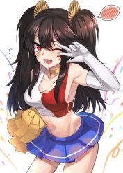 Rule 34 | 1girl, ;d, alternate costume, alternate hairstyle, armpits, bare shoulders, black hair, blush, breasts, cheerleader, choker, cleavage, cowboy shot, crop top, elbow gloves, fang, fate/grand order, fate (series), gloves, hair between eyes, hair ornament, hairclip, k jin, koha-ace, leaning forward, long hair, looking at viewer, medium breasts, miniskirt, navel, oda nobunaga (fate), oda nobunaga (koha-ace), one eye closed, open mouth, pom pom (cheerleading), red eyes, sidelocks, skirt, smile, solo, spoken blush, star (symbol), stomach, v over eye, white gloves