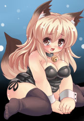 Rule 34 | 1girl, :d, animal ears, bare shoulders, bell, belly, black thighhighs, blonde hair, blush, breasts, brown eyes, brown hair, cleavage, collar, fat, fat rolls, fox ears, fox tail, gradient background, gradient hair, large breasts, leotard, long hair, looking at viewer, mamire, multicolored hair, neck bell, nontraditional playboy bunny, open mouth, original, playboy bunny, plump, sitting, smile, solo, tail, tears, thick thighs, thighhighs, thighs, wariza