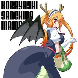 Rule 34 | 1girl, :d, ass, bad id, bad pixiv id, bag, blonde hair, carrot, carrying, commentary request, dragon girl, dragon horns, dragon tail, dragon wings, elbow gloves, from behind, gloves, horns, kamo 3, kobayashi-san chi no maidragon, leaning forward, long hair, looking at viewer, looking back, maid, maid headdress, onion, open mouth, orange eyes, potato, shopping bag, slit pupils, smile, solo, tail, tohru (maidragon), twintails, white gloves, wings