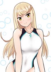 Rule 34 | 1girl, artist request, bare shoulders, blonde hair, blush, breasts, competition swimsuit, covered navel, gontyama, highres, long hair, looking at viewer, medium breasts, mythra (xenoblade), nintendo, one-piece swimsuit, smile, solo, swept bangs, swimsuit, xenoblade chronicles (series), xenoblade chronicles 2, yellow eyes
